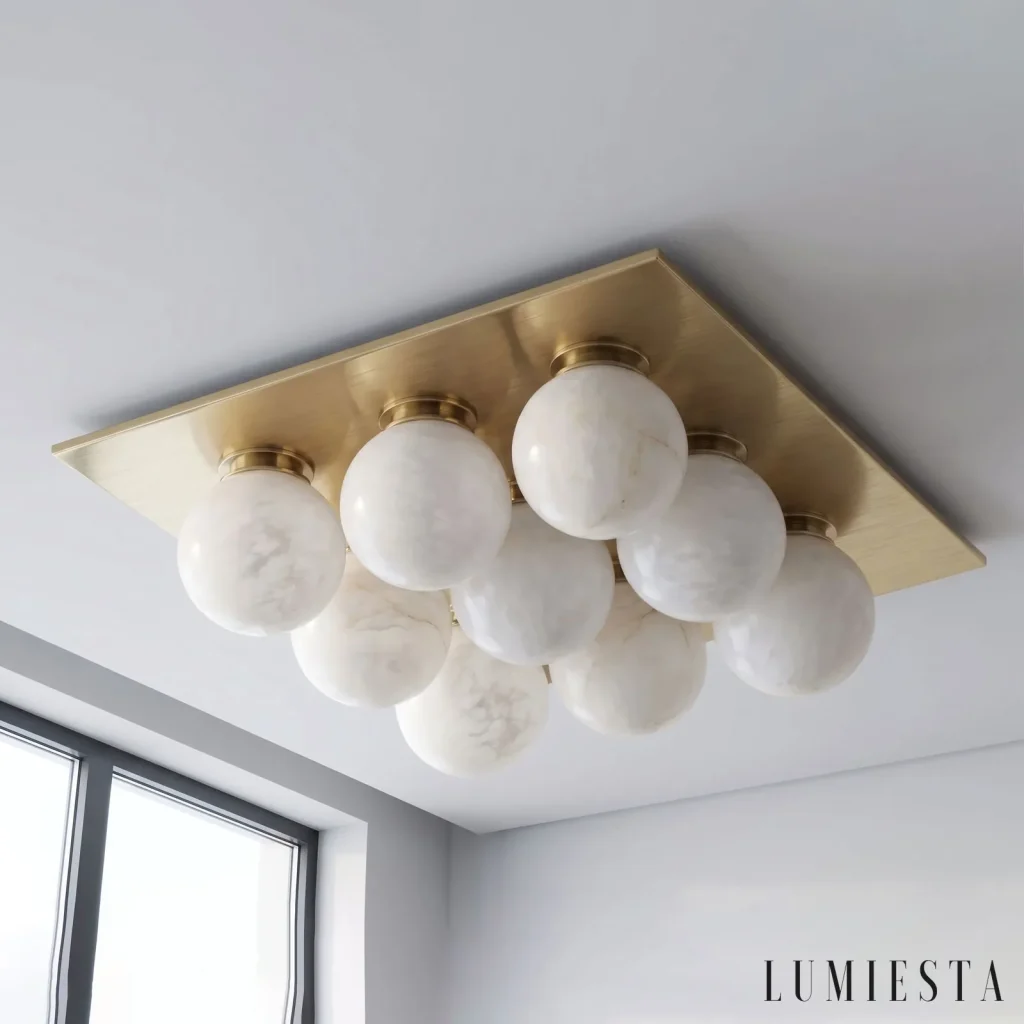 Zafra - plafon alabastrowy z miedzią wys. 14 cm - przy włączonym świetle